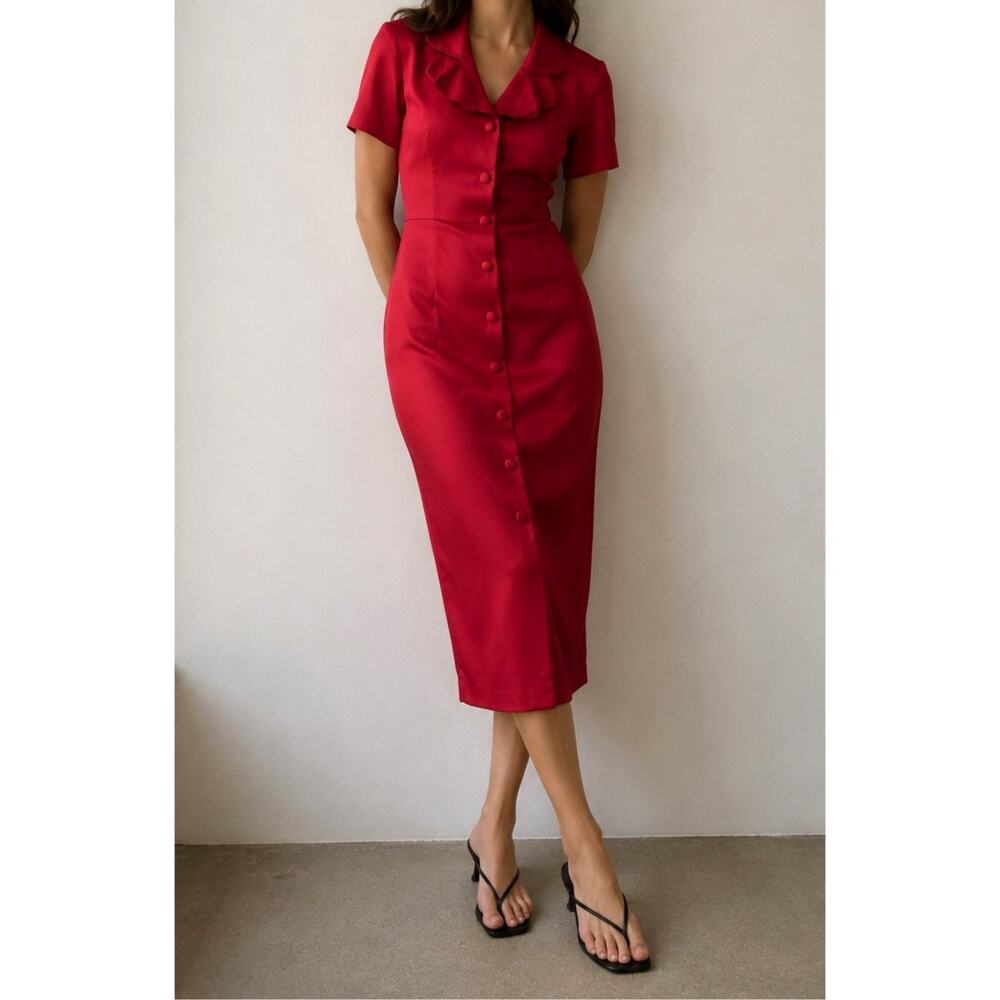 Vintage Scarlett Red Satin Midi Dress Button Front Career Cocktail Glam-Medium